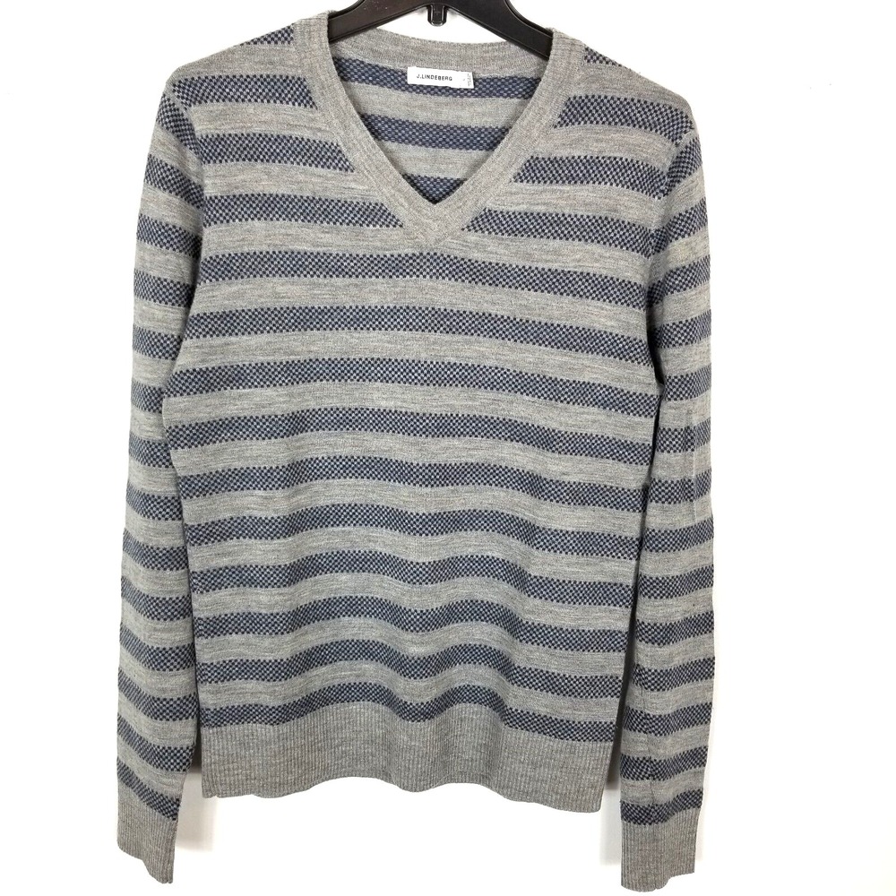 J.Lindeberg Men Merino Wool Striped Sweater Size L‎ Fitted  Pullover Blue Gray